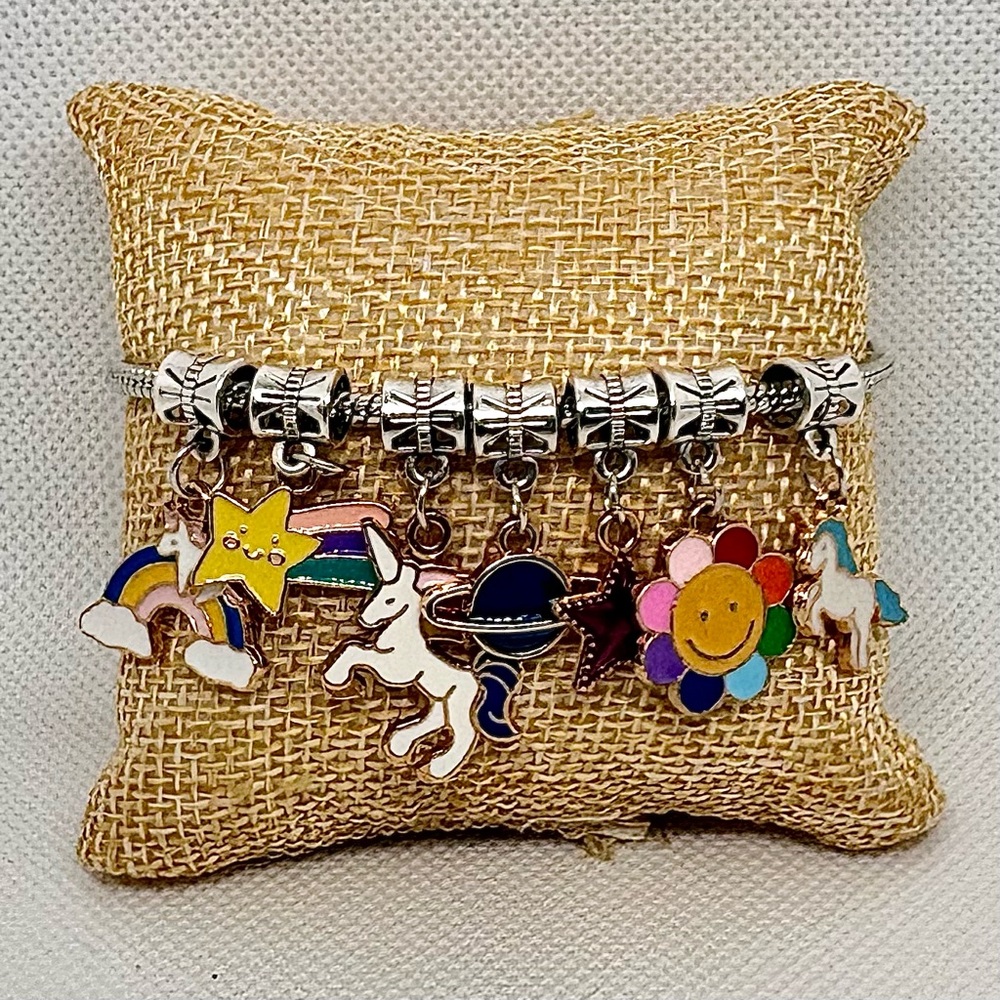 Kawaii Unicorn Rainbow Charm Pandora Style Bracelet, Colorful Enamel Charms, Y2K - Picture 2 of 16